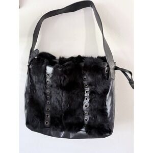 Guia's Purse  Shoulder Bag Tote Boho Genuine Leather Blk Faux Fur Made in Italy.
